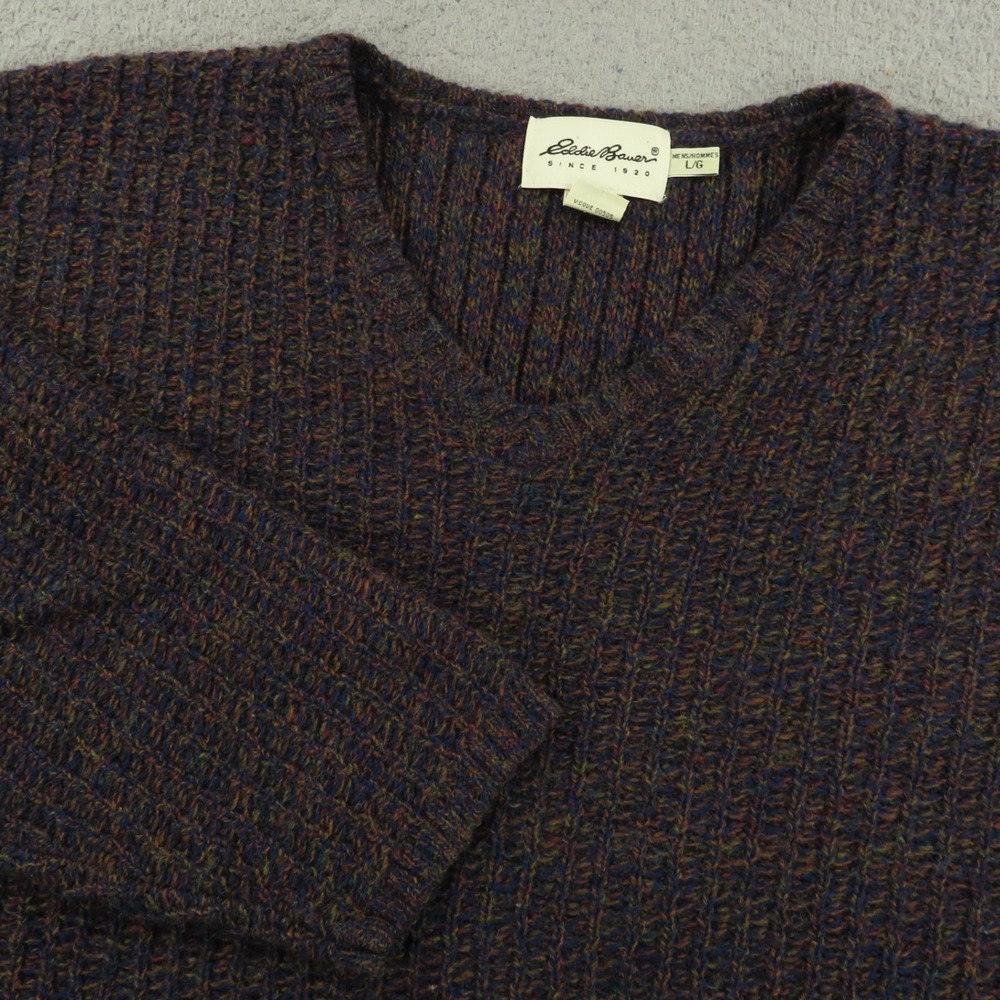 VTG Eddie Bauer Sweater Men Large Burgundy Melange Fleck Wool Ribbed Knit V Neck